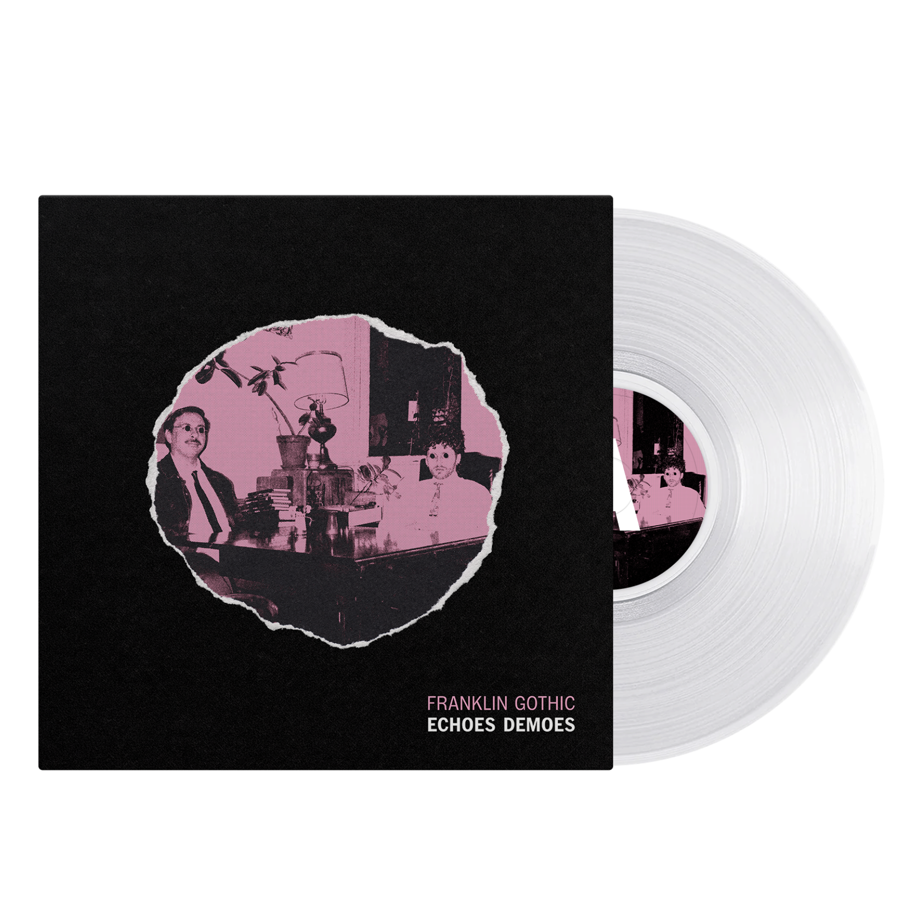 Vinyl record album with a black square cover featuring a pink torn-paper photo collage and the text 'FRANKLIN GOTHIC' and 'ECHOES DEMOS', shown next to a translucent white record on a white background.