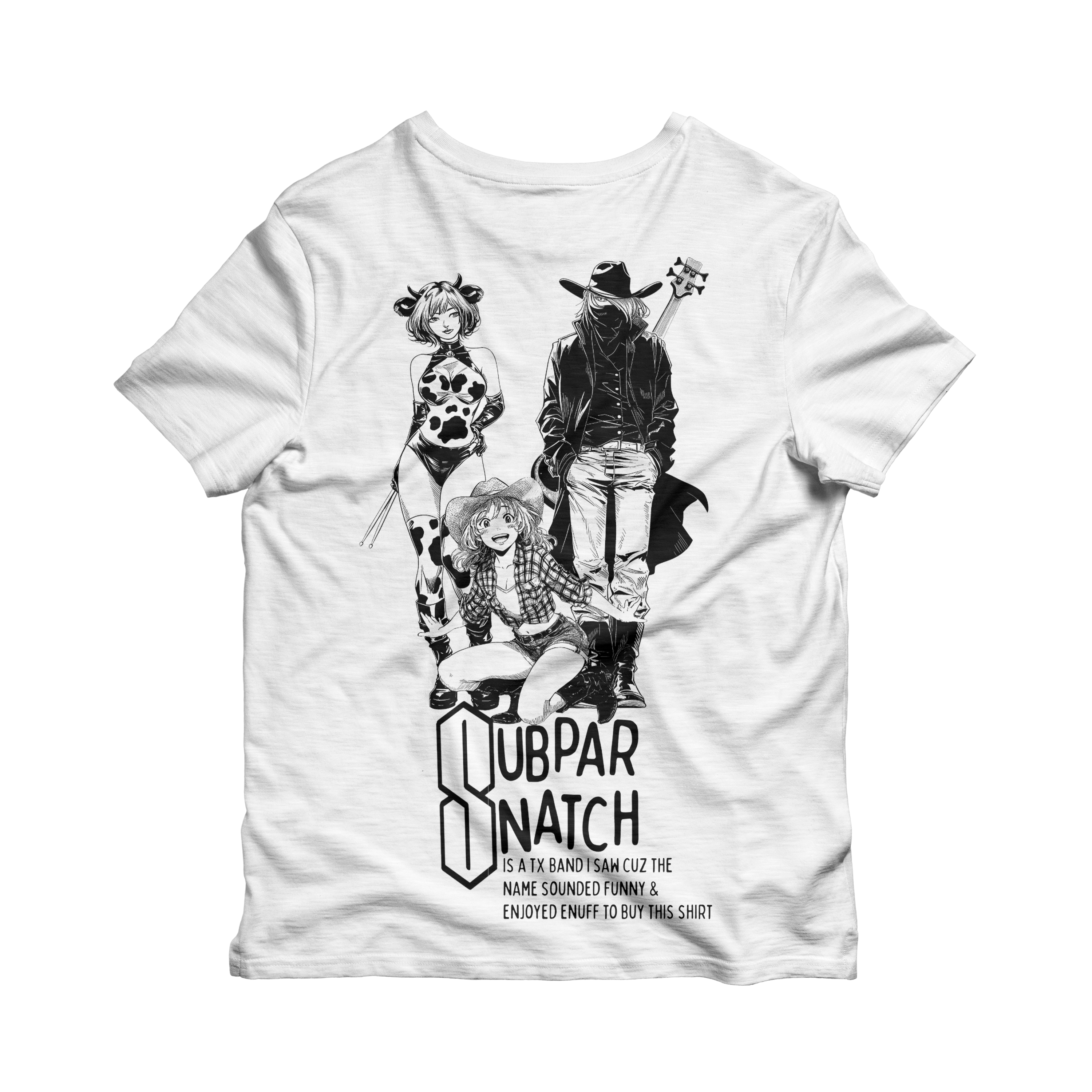 White t-shirt with black and white graphic design on a white background