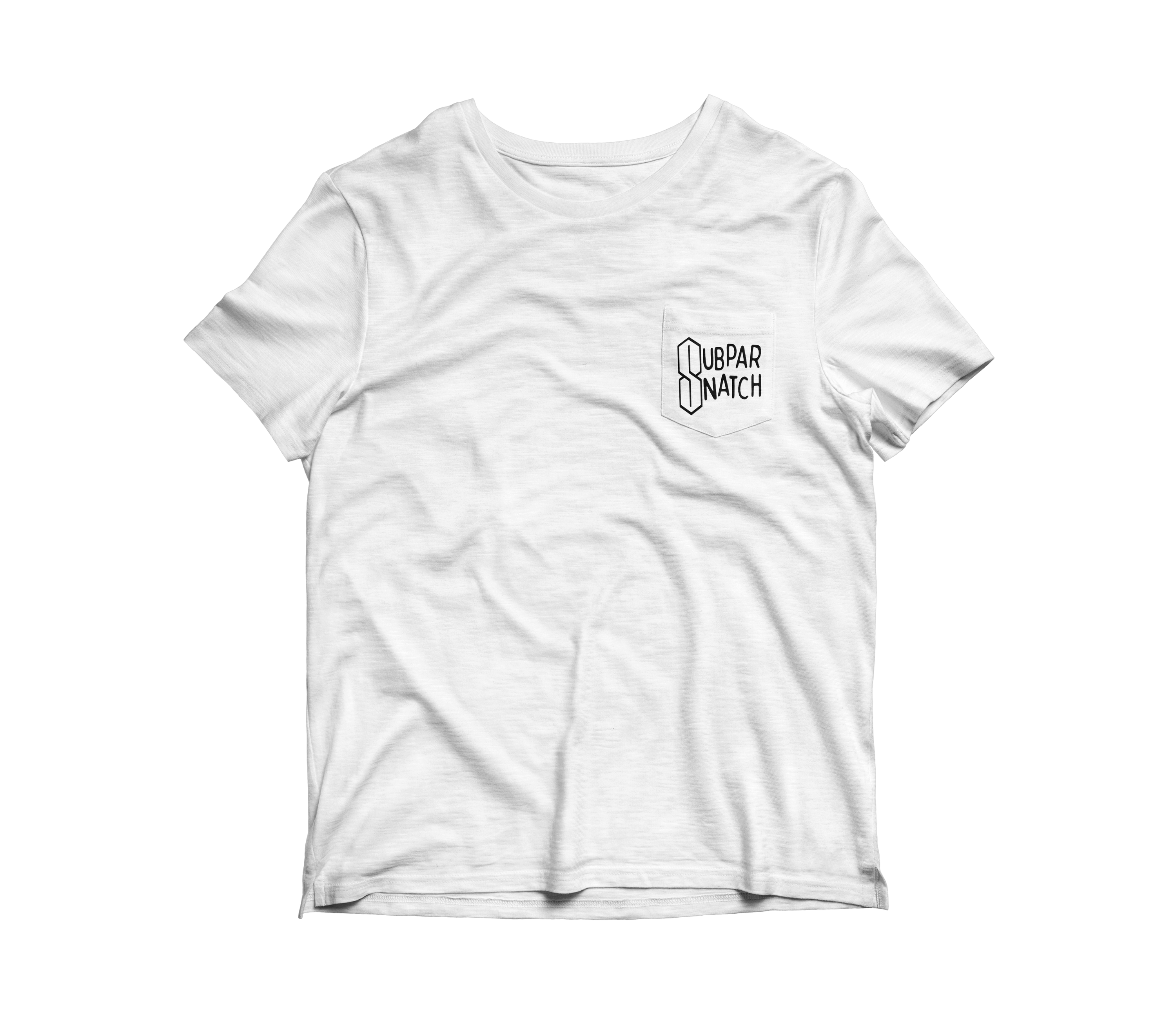 White t-shirt with a small black logo on a white background